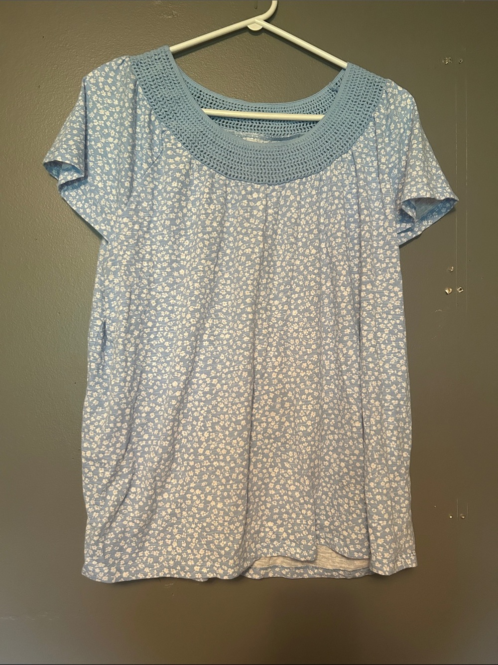Light Blue Floral Short Sleeve Top with Crochet Yoke